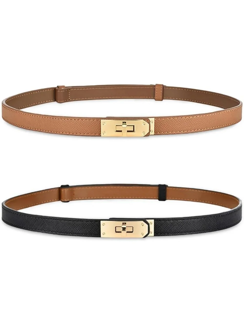 Women's Adjustable Skinny Leather Belt with Gold Turn-Lock Buckle for Dresses
